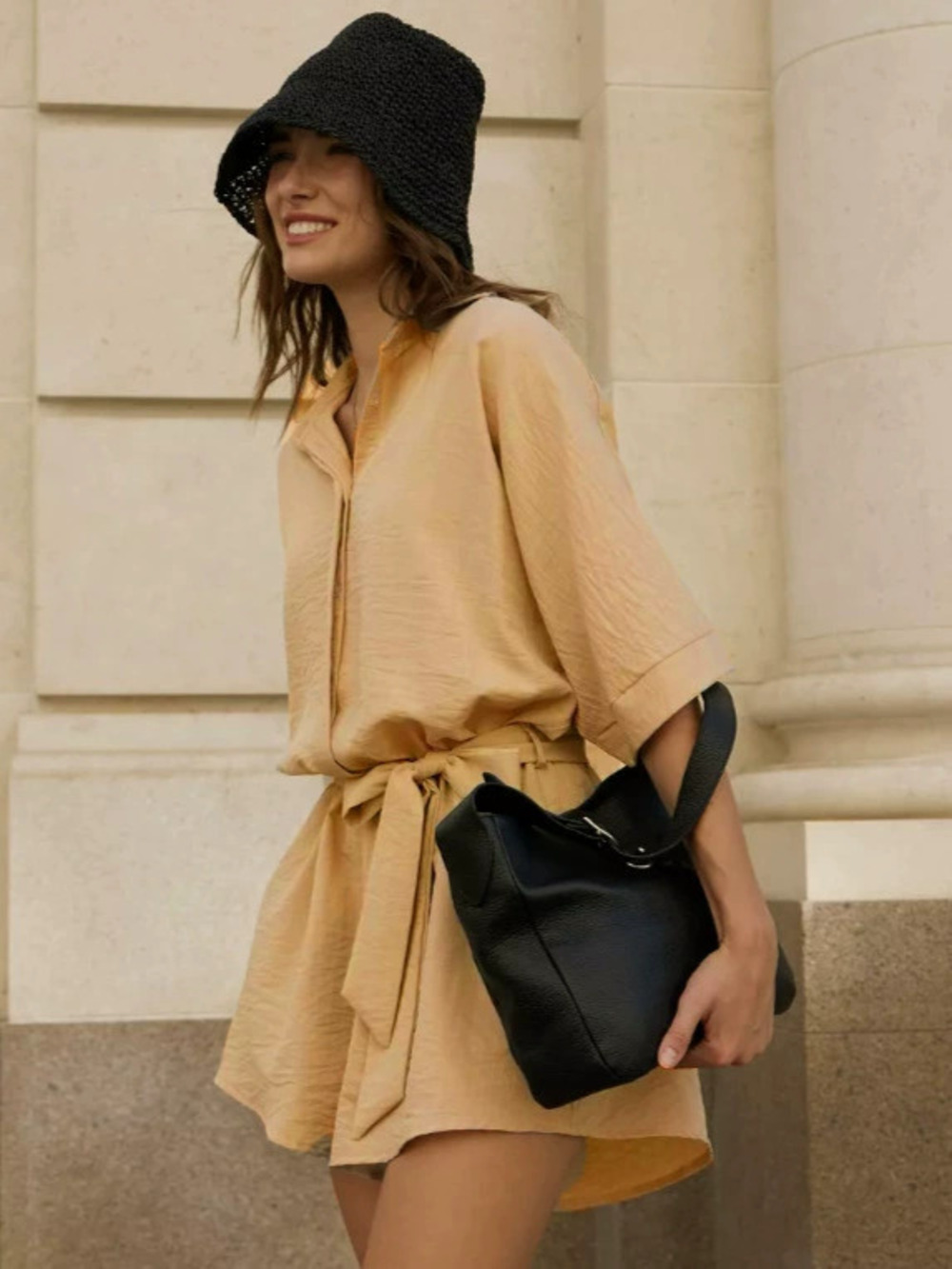 Zara Resort Lapel Collar Elbow Sleeve Tie Waist Short Jumpsuit